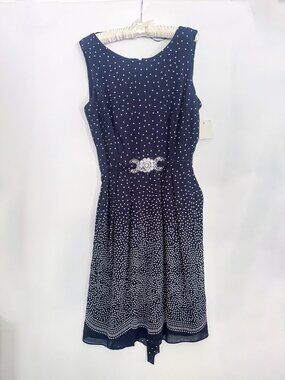 Alex Evenings Navy Polka Dot Dress Size 12 Pockets Belted